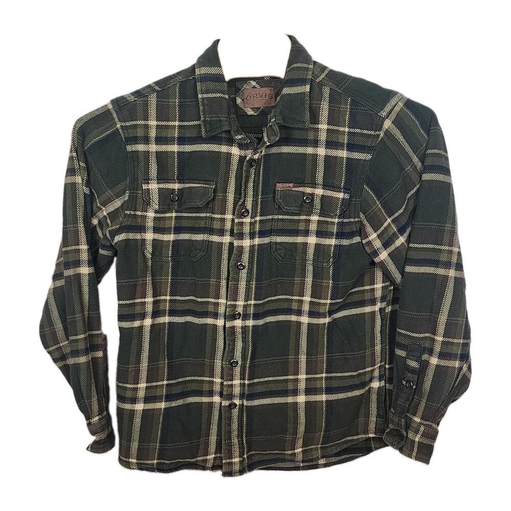 Men's Orvis Flannel Shirt Shacket Jacket Green Heavyweight Hand Pockets Large L
